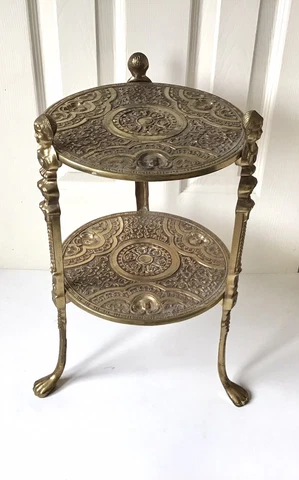Vintage Ornate Art Nouveau Cherub Claw Feet 2-Tier Brass Plant Stand Side Table Cover