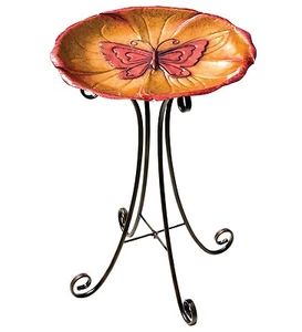 Butterfly Metal Birdbath & Stand NEW orange red feeder garden art centerpiece - Picture 1 of 1
