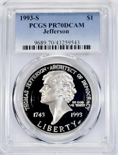 1993  THOMAS JEFFERSON Silver Dollar PCGS PR70 💥FLAWLESS QUALITY💥 - Image 1 of 1