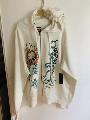 Ed Hardy 连帽衫头骨火焰龙纹身拉链连帽衫白色象牙色男式 XXL 全新带标签 — 第 1/4 张图片