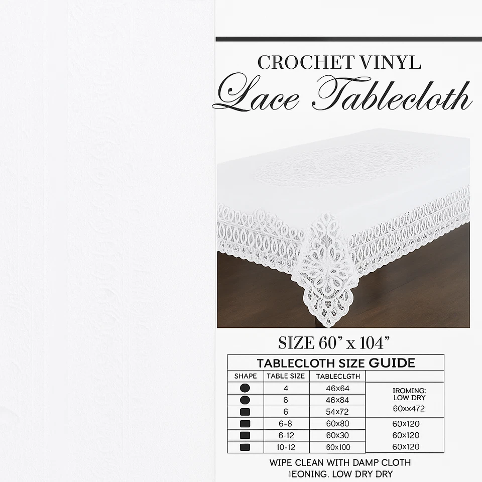 Vinyl Crochet Lace Tablecloth White 60x104 Stain-Resistant Wipeable Durable - Image 1 of 4