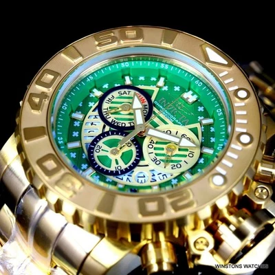 Invicta Sea Hunter II 70mm Gold Plated Green Chronograph Swiss Mvt Watch New - Image 1 of 4