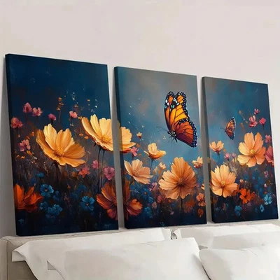 3pcs Vibrant Floral and Butterfly Art iy  Wall Art Canvas  Unframed/Framed - Image 1 of 4
