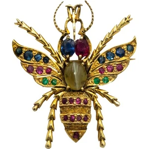 14k Yellow Gold Cats Eye Ruby Emerald Sapphire Fly Insect Pendant Brooch Pin - Picture 1 of 3