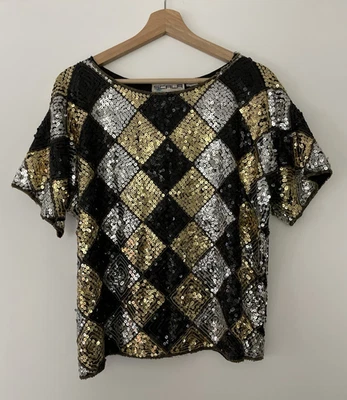 Top de seda con lentejuelas SCALA vintage dorado plateado negro talla PM dinero antiguo cuentas geométricas Foto 1 de 4