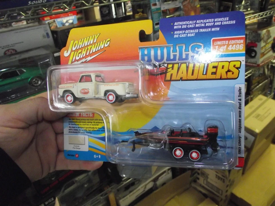 Johnny lightning 1/64 1965 chevrolet stepside tan w/ boat & trailer NIB - Image 1 of 1