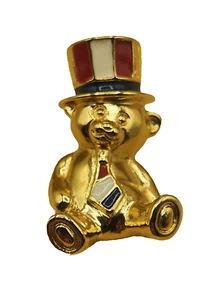 Vtg 80's Avon Gold Tone Patriotic TEDDY BEAR Tack Pin w/Red White & Blue Enamel - Picture 1 of 11
