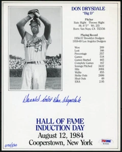 Don Drysdale Big D SIGNED 8x10 Photo Dodgers Induction Card PSA/DNA AUTOGRAPHED - Picture 1 of 1