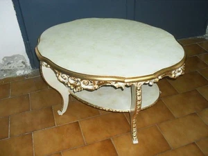 TAVOLO TAVOLINO OVALE IN LEGNO DECORO AVORIO E FOGLIA ORO SALOTTO SOGGIORNO - Imagen 1 de 1