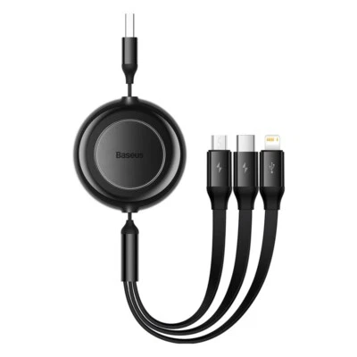 Baseus 3 IN 1 Retractable Charging Cable USB Charge Cable For iPhone Samsung - Image 1 of 4
