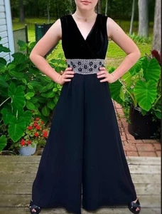 Vintage 70s Black Velvet Rhinestone Romper Jumpsuit Bell Bottom Dress Pant Sz S - Picture 1 of 10