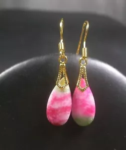 Real Red White Green Jade Teardrop Drop Yellow Gold Plated Hook Dangle Earrings - Picture 1 of 6
