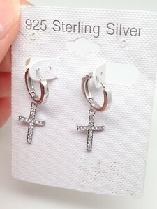 925 Sterling Silver Cz Cross Huggie Hoop Earrings 29mm Mens Womens