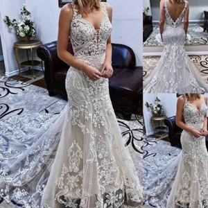 Mermaid Wedding Dresses Spaghetti Straps Sexy Backless V Neck Beach Bridal Gowns - Picture 1 of 9