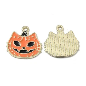 5 Fun Spooky Halloween Orange Pumpkin Cat Face Shaped Gold Tone Charm Pendants - Picture 1 of 2