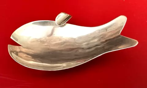 VINTAGE STERLING SILVER TAXCO/MEX. MODERN ART DECO FOOTED FISH ASHTRAY 4.75" Cover