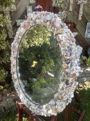 "Espejo ovalado incrustado grande vintage Seashell 25 X 22"" joya de vidrio de mar abulón" Foto 1 de 4