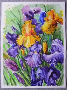 IRISES Iris Flowers Original Watercolor Acrylic Painting By Ukraine Artist - Picture 1 of 2