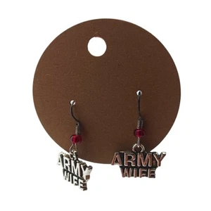 Army Wife Womens Earrings Patriotic USA Military Silver Tone Red Glass Handmade - Picture 1 of 1