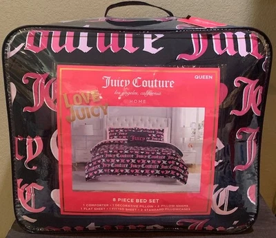 Juicy Couture Black/Pink Hearts & Logos QUEEN Set Comforter,Shams,Sheets,Pillow - Image 1 of 4