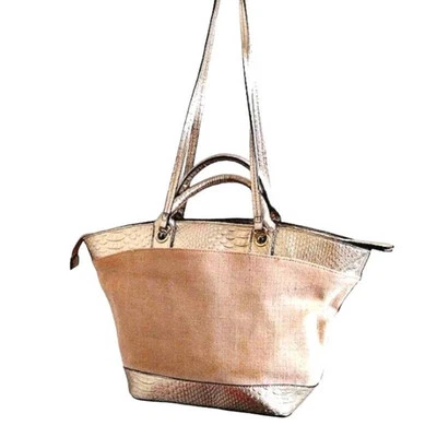 Bolso London Fog TOTE 12x20 Cuero Dorado Borde Correa para el Hombro 4 Pies Lona Lujo  Foto 1 de 4