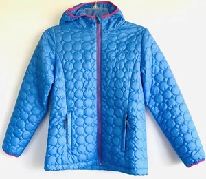 LANDS END Girls Hooded Puffer Jacket Blue Pink trim Quilted M 10-12 Zip Circle - Picture 1 of 3