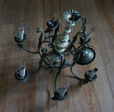 Antique Vintage Patina Copper Plated 6 Arm Hanging Chandelier Porcelain restore Cover