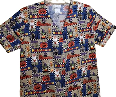 Halloween Scrub Top Size S Snap Front Witch Spider Pumpkin Bats Scrubs New Nwt - Image 1 of 4