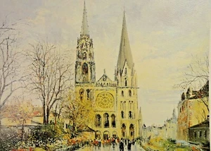 Vintage Georges B. Watercolor Print Signed 8" x 6" CATHRALE DE CHARTES Xll - Bild 1 von 5