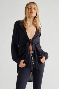 Free People V neck tie front long top Worlds Apart Tunic Black Size XS SAMPLE - Picture 1 of 8