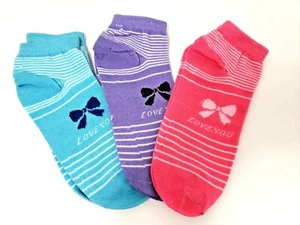  3 PAIRS ANKLE SPORT FASHION NOVELTY PURPLE BLUE PINK "love you" Bow SOCKS  9-11 - Picture 1 of 1