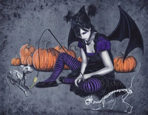 Fantasía Gótica HALLOWEEN Arte IMPRESIÓN Esqueleto Demonio Gatos Calabazas Espeluznante Adorable  - Imagen 1 de 5