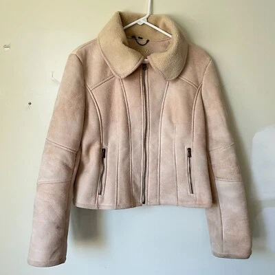 Guess women Moto StyleJacket Suede Beige Biker Full Zip Pockets lined Collar L - Изображение 1 из 4