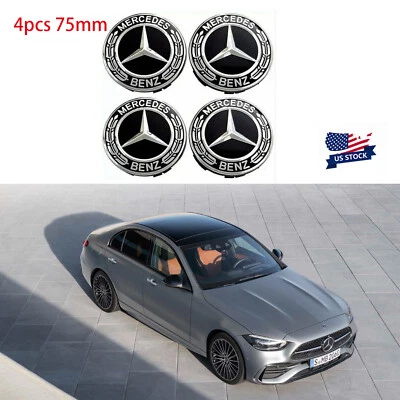 4PCS For Mercedes-Benz Dark Black Wheel Center Hubcaps Emblem Rim Cap 1Set 75mm - Image 1 of 4