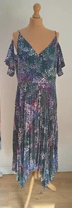 Next Cold Shoulder Print Dress Size 16 Midi Pleated Skirt Autumn Wedding - Picture 1 of 8