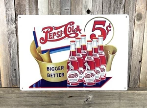 Pepsi Cola Pop Soda Más Grande Mejor 16" Letrero de Lata de Metal Vintage Bar Hombre Cueva Nuevo - Imagen 1 de 3