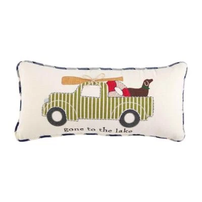 Mud Pie Home GONE TO LAKE Truck with Dog Applique Throw Pillow 10" x 22" - Image 1 of 2