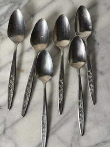 Vintage Lot of 6 Nasco Rose Stainless Serrated Grapefruit / Citrus Spoon Set - Picture 1 of 7