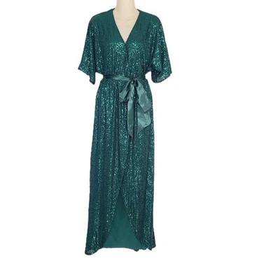 Baltic Born Sequin Wrap Gown M Emerald Green Short Sleeve Satin Tie Waist Dress - Image 1 of 4
