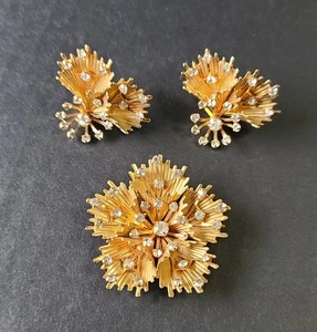 Vintage Emmons EMJ goldfarben & Strass Starburst Blume Brosche Anstecknadel Ohrringe Set - Bild 1 von 23