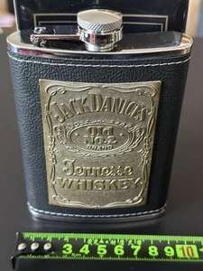 8oz Jack Daniels Polished Stainless Steel Hip Flask Faux Black Leather - Picture 1 of 3