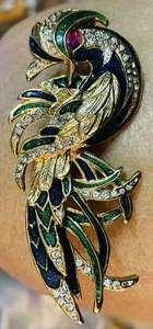 VINTAGE Angel Bird of Paradise Brooch Blue Green Enamel Gold Tone Rhinestones - Picture 1 of 2