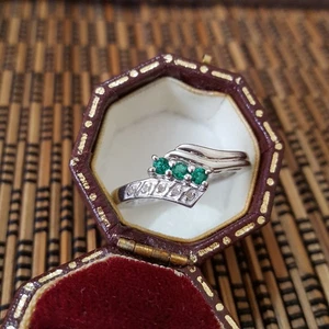 925 Sterling Silver Ring, Brazilian Emeralds And Diamonds Ring, Size O US 7.25 - Picture 1 of 10
