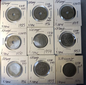 Norway 1925 - 1971 One 1 Krone XF to BU Condition 9 Coin Lot With Key Date 1936 - Picture 1 of 12