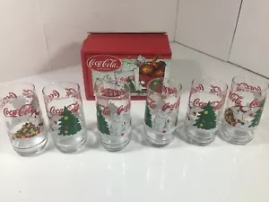 Coca-Cola Polar Bear "Tree Trimming" Christmas 16oz Glasses 6ct W/Box Vintage - Picture 1 of 9