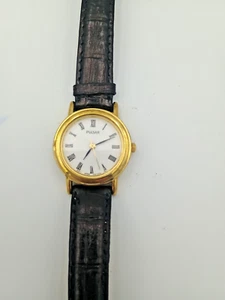 PULSAR V501-X058 Watch Men's Gold Tone Quartz Analog Black Leather Band Vintage - Picture 1 of 8