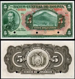 BOLIVIA 5 BOLIVIANOS (P120s) 1928 SPECIMEN 00000 UNC - Picture 1 of 1