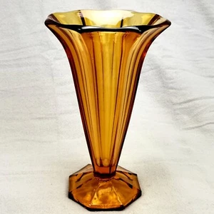 Vintage Large Amber Glass Vase Heavy Quality 10” 1960s Czechlovakia Stamped - Picture 1 of 9