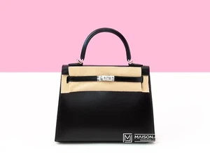 NEW HERMES NOIR BLACK KELLY 25 BAG SELLIER BOX LEATHER HANDBAG TOTE PURSE BIRKIN - Picture 1 of 2