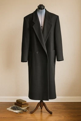 Vintage Perry Ellis 100% Wool Black Overcoat Made in USA 55” Classic Winter Coat - Image 1 of 4